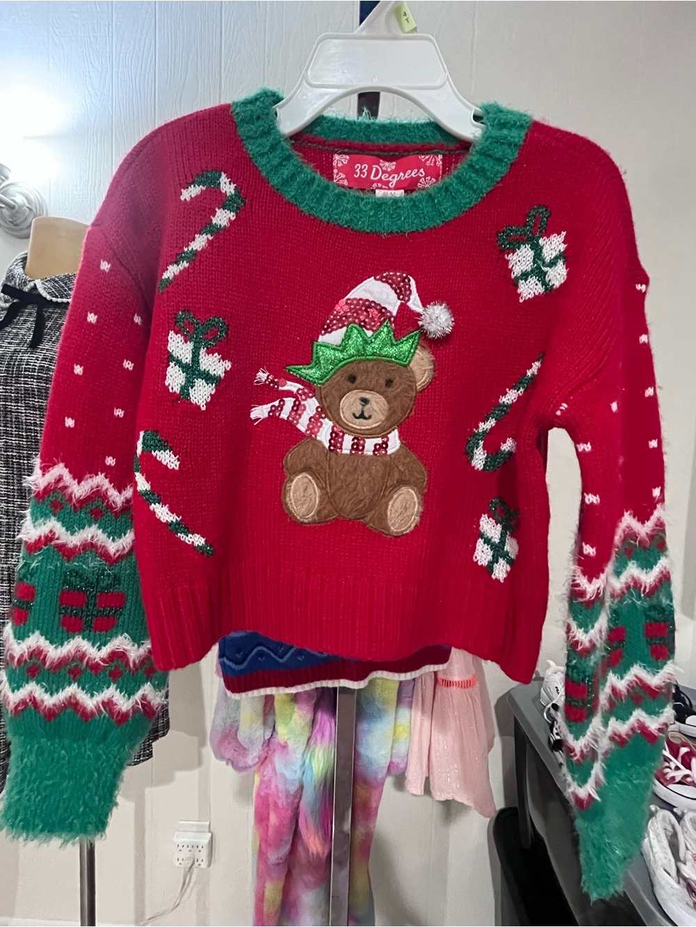 32 Degrees Red Holiday Sweater with Green Trim and Teddy Accent